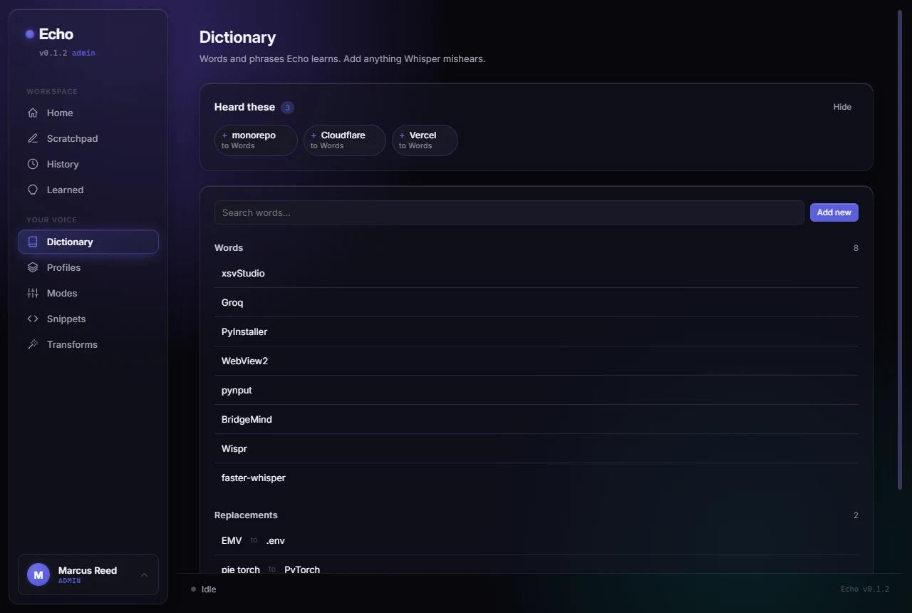 The Dictionary page: mishear suggestions as one-click chips, plus your words and replacements