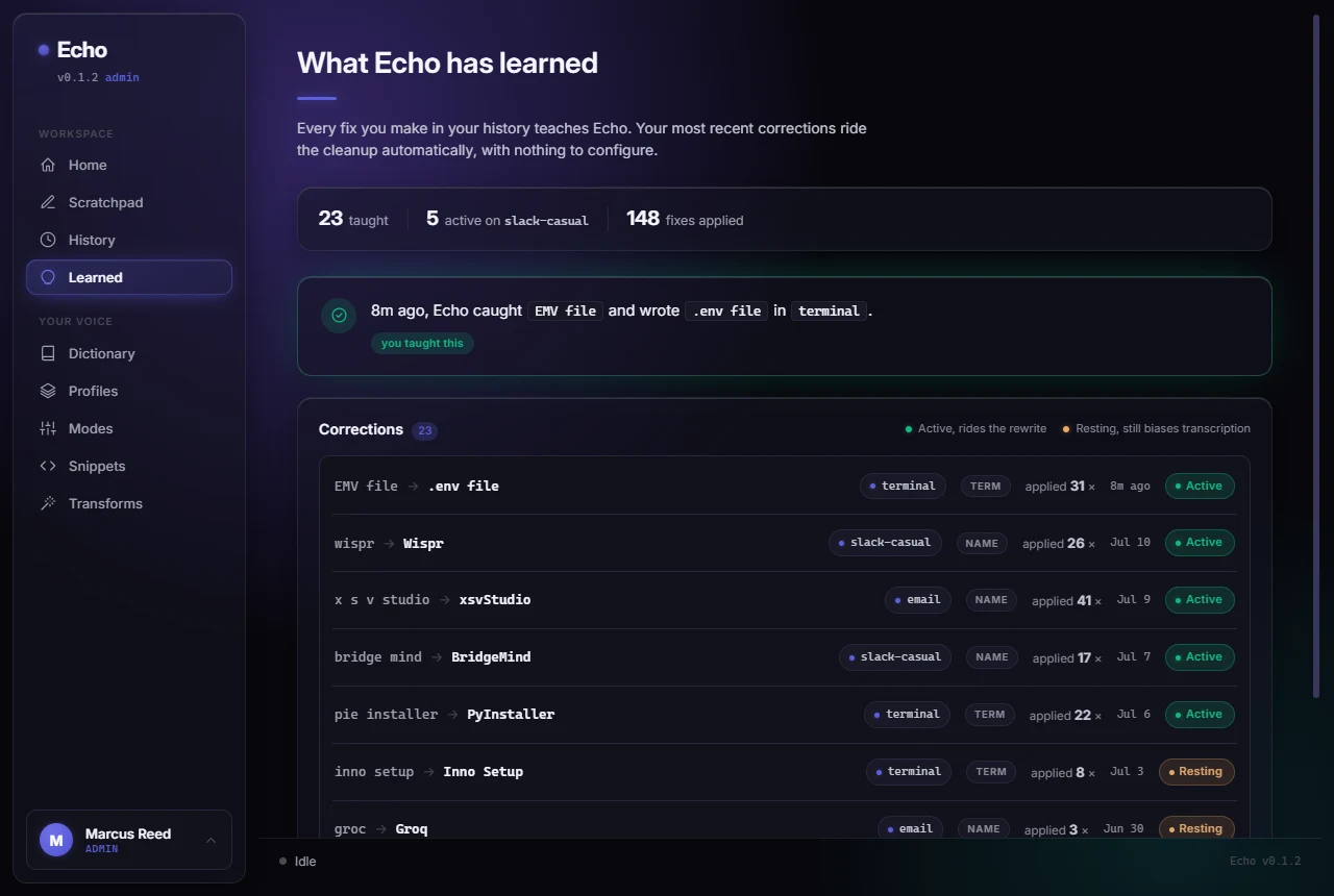The Learned page: corrections Echo learned from your edits, with active and resting states