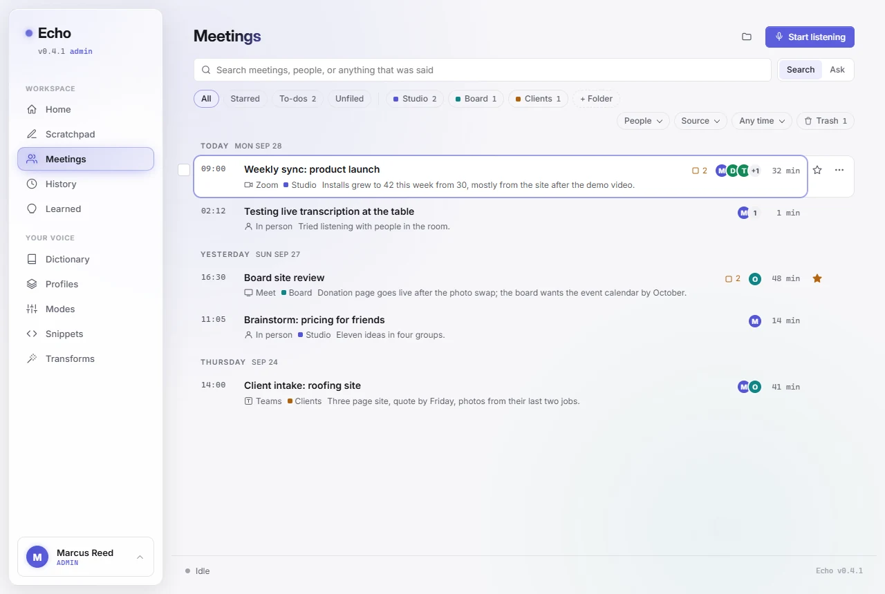 The same Meetings library in Echo's light theme: white panels, dark text, the same rows and chips
