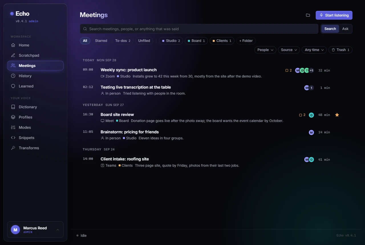 The Meetings library in Echo: meetings grouped by day with time, title, teaser, speakers, source app and length, under a search box and folder chips