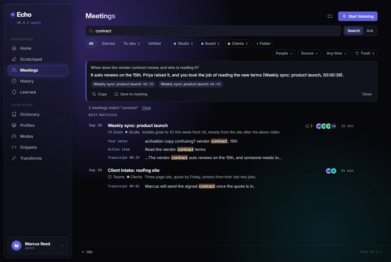 Searching the Echo meetings library for the word contract: an answer card citing two moments in one meeting, then two matching meetings with the matched lines from your notes, an action item and the transcript, each with its time